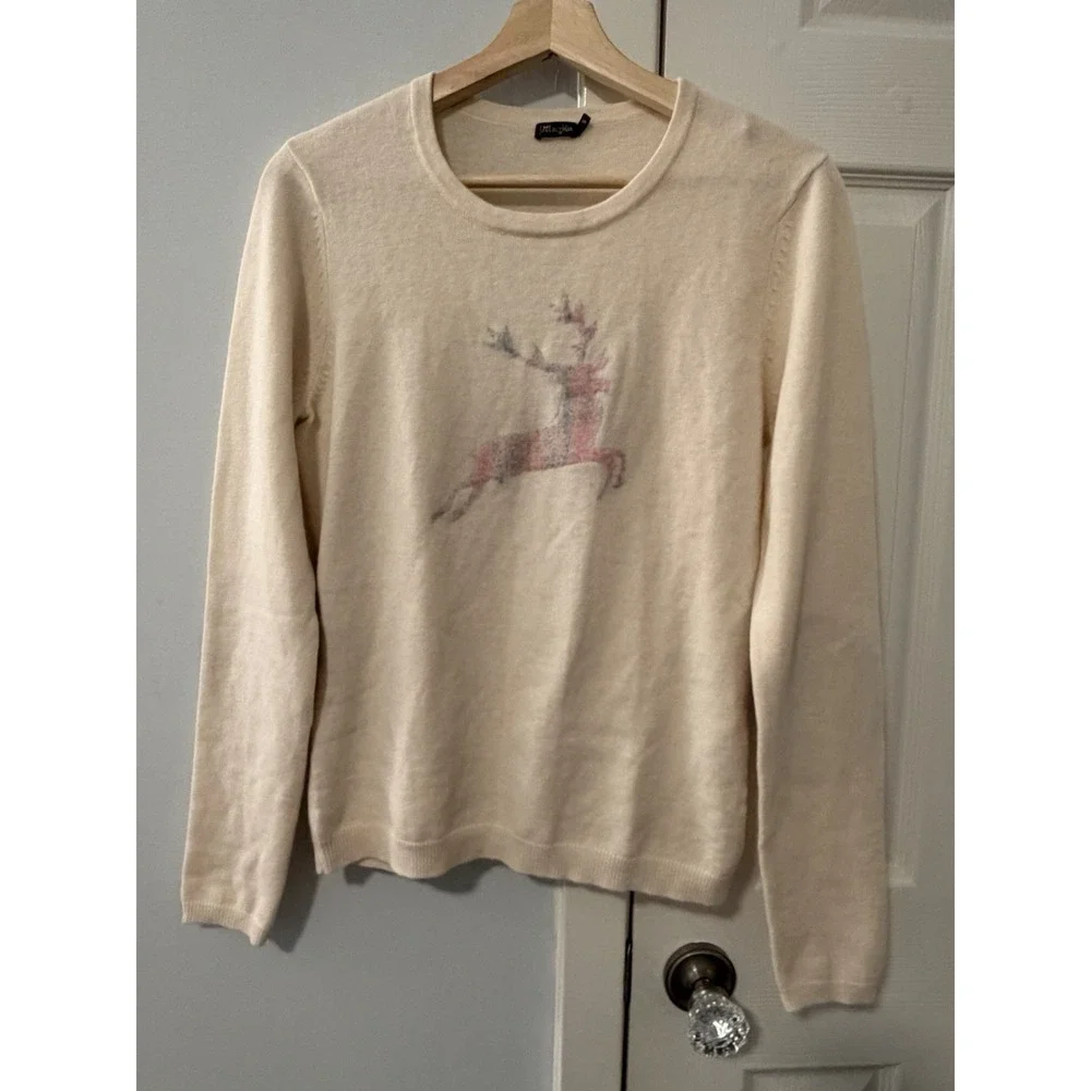 J.McLaughlin Wool Angora Sweater Sz S Elbow Patch Buffalo Plaid Reindeer Holiday